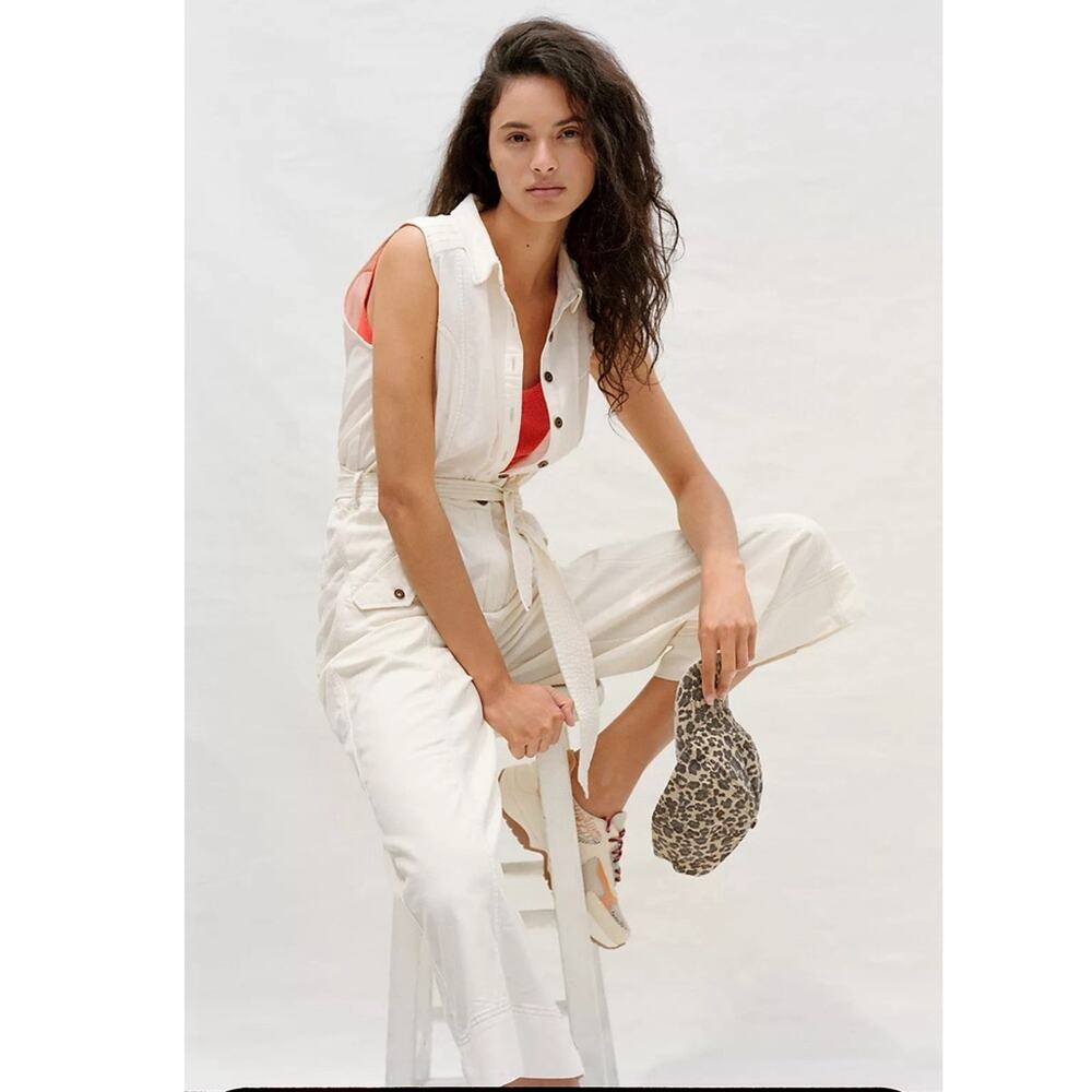 Anthropologie Ryanne Wide-Leg Utility Jumpsuit in White Size 4 Coastal Preppy
